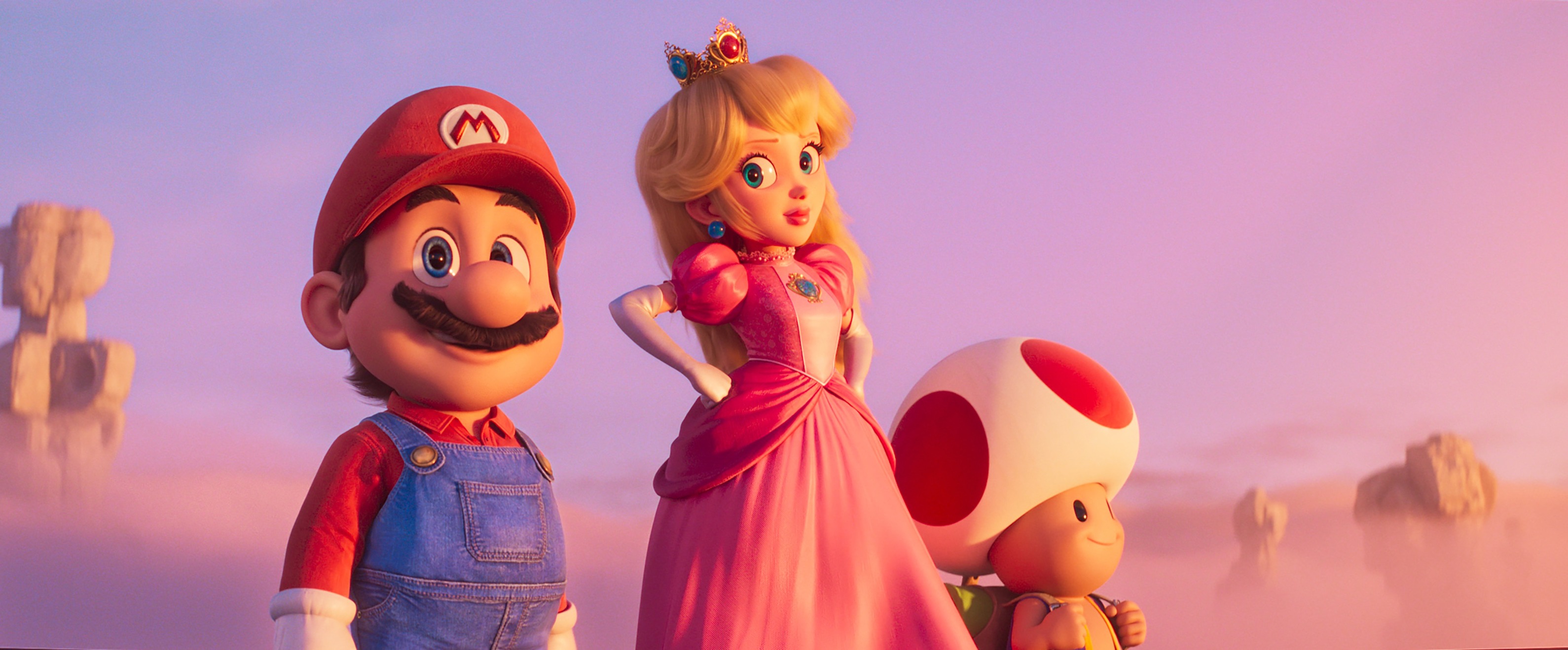 (from left) Mario (Chris Pratt), Princess Peach (Anya Taylor-Joy), and Toad (Keegan-Michael Key) in Nintendo and Illumination’s The Super Mario Bros. Movie, directed by Aaron Horvath and Michael Jelenic.